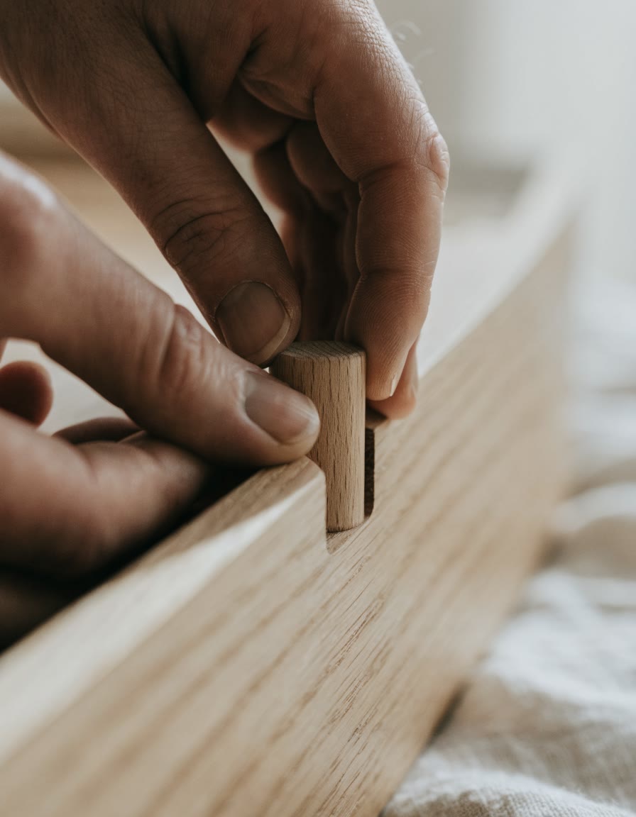 Close-up of hands fitting a wooden dowel into an oak panel