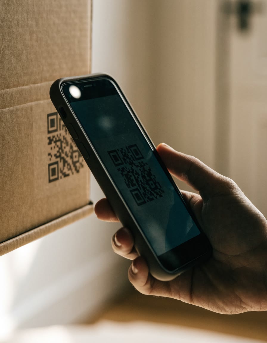 A phone scanning a QR code printed on a flat-pack box